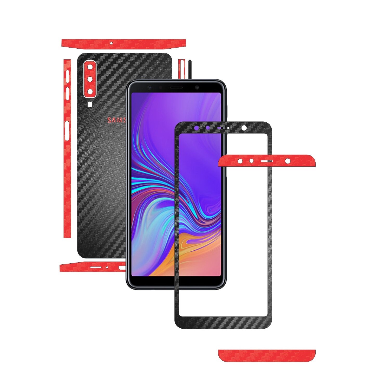 Samsung Galaxy A7 (2018) - Two Tone Negru / Rosu - Folie de protectie Carbon Skinz in Doua Culori, Skin Adeziv Full Body Cover pentru Rama Ecran,Carcasa Spate si Laterale