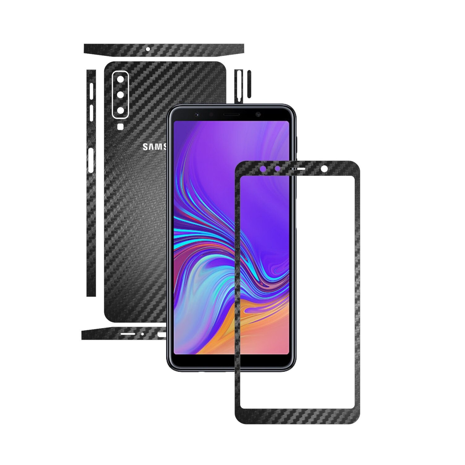 Samsung Galaxy A7 (2018) - Carbon Negru - Split Cut - Folie de protectie Carbon Skinz, Skin Adeziv Full Body Cover pentru Rama Ecran,Carcasa Spate si Laterale