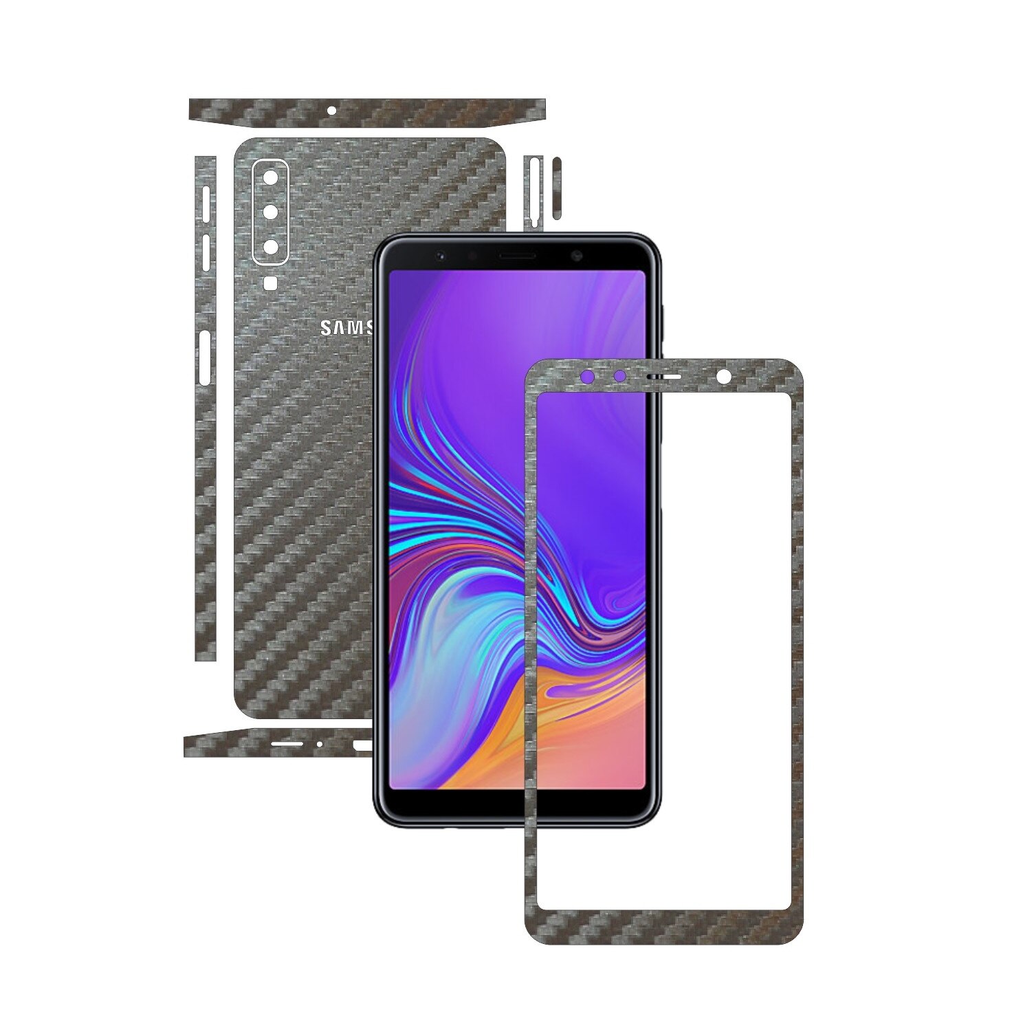 Samsung Galaxy A7 (2018) - Carbon Gri Argintiu - Split Cut - Folie de protectie Carbon Skinz, Skin Adeziv Full Body Cover pentru Rama Ecran,Carcasa Spate si Laterale