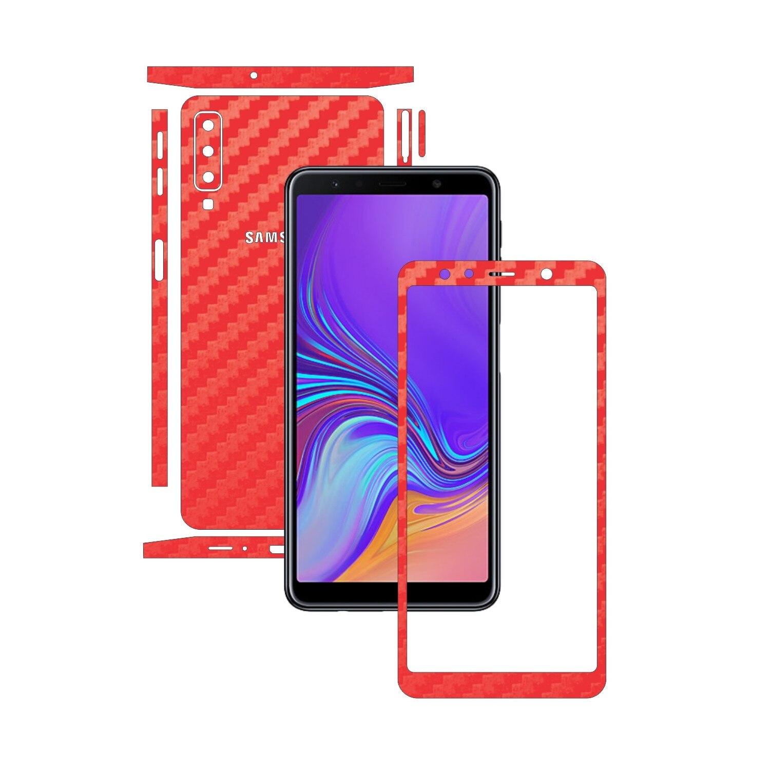 Samsung Galaxy A7 (2018) - Carbon Rosu - Split Cut - Folie de protectie Carbon Skinz, Skin Adeziv Full Body Cover pentru Rama Ecran,Carcasa Spate si Laterale