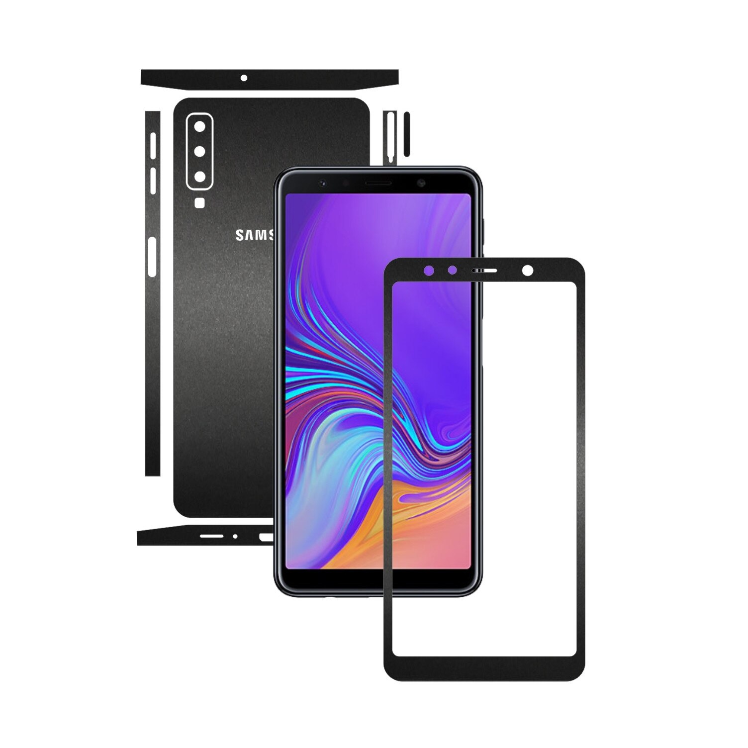 Samsung Galaxy A7 (2018) - Negru Mat - Split Cut - Folie de protectie Carbon Skinz, Skin Adeziv Full Body Cover pentru Rama Ecran,Carcasa Spate si Laterale