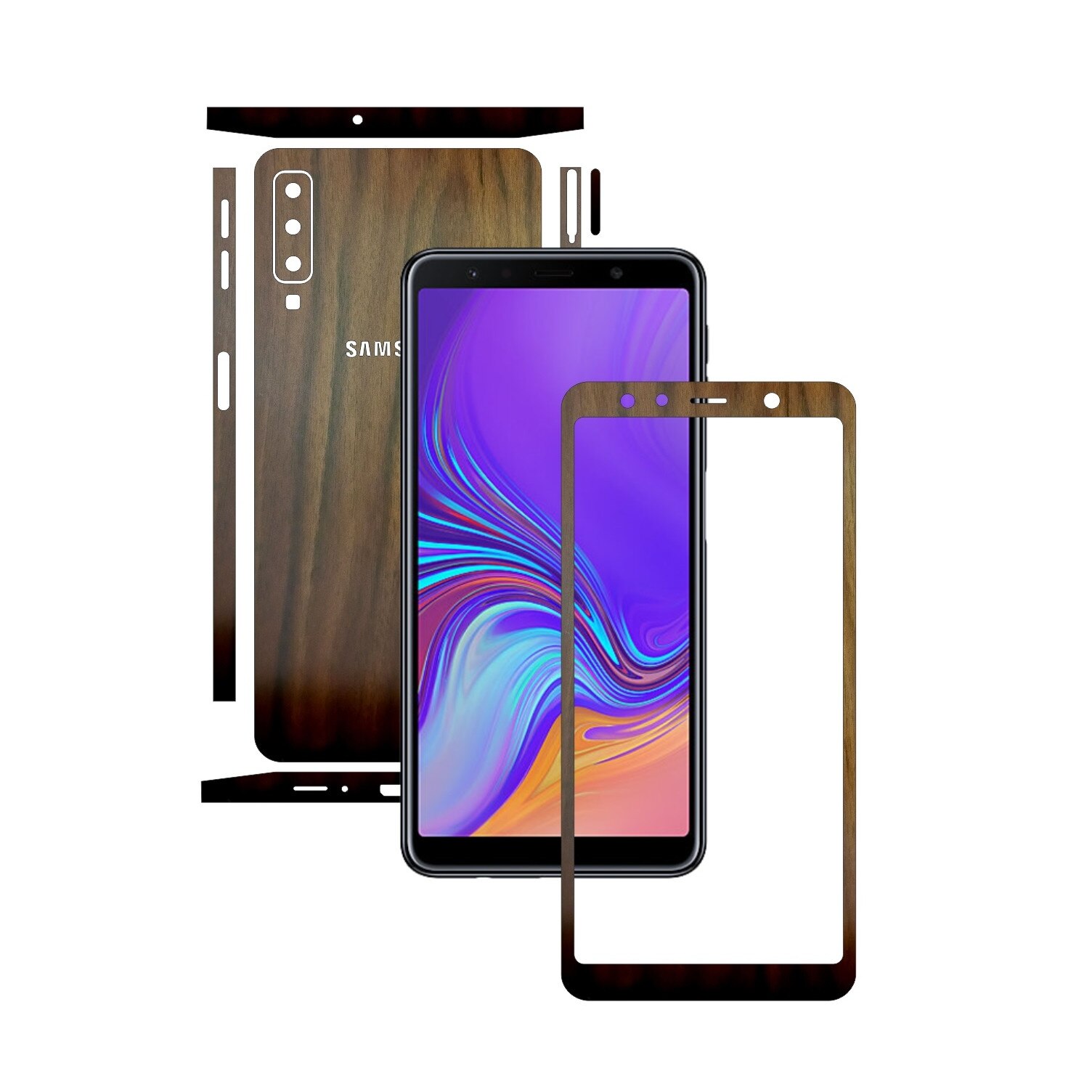 Samsung Galaxy A7 (2018) - Lemn Nuc Inchis - Split Cut - Folie de protectie Carbon Skinz, Skin Adeziv Full Body Cover pentru Rama Ecran,Carcasa Spate si Laterale