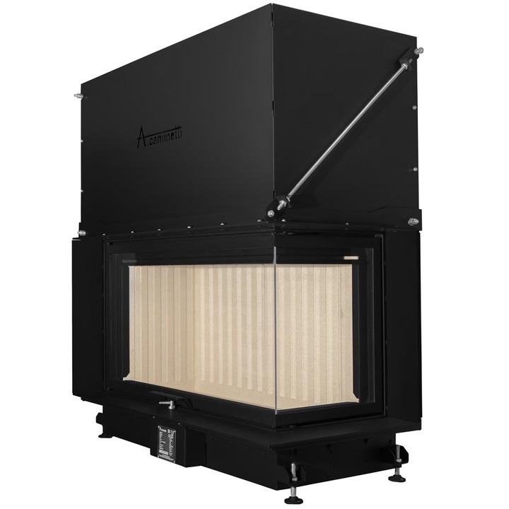 Focar semineu pe lemne model A-CAMINETTI QUATTRO R100 MAX, 2 laturi sticla, usa relevabila, 17 kW putere maxima