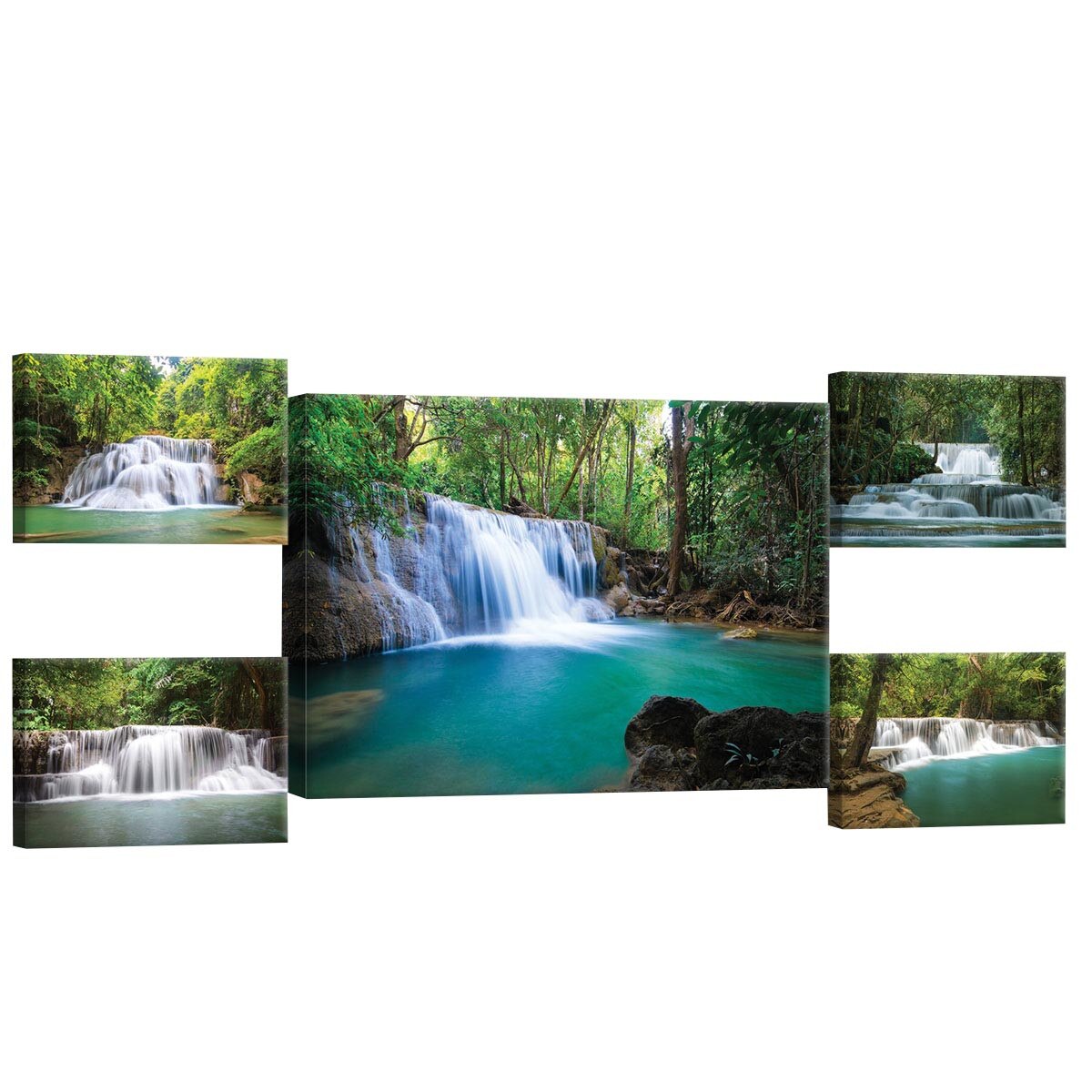 Set Tablouri DEGRETS 78623 Canvas, 50 x 134.8 cm, 5 piese (1x50x70 cm, 4x22.8x32.4 cm), Cascada in padure