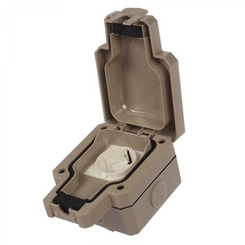 Priza simpla, Comtec, aparenta, cu capac, contact de protectie, IP66, gri Priza simpla, Comtec, aparenta, cu capac, contact de protectie, IP66, gri