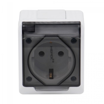 Priza simpla Hepol, aparenta cu rama inclusa, capac, contact de protectie, culoare alba Priza simpla Hepol, aparenta cu rama inclusa, capac, contact de protectie, culoare alba