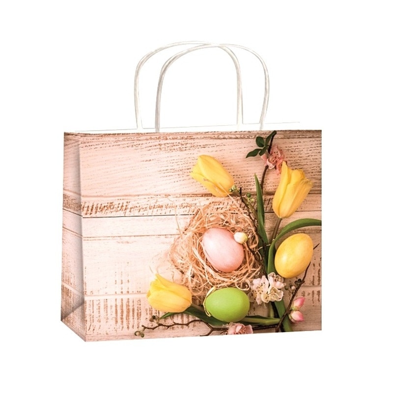 Punga cadou din hartie pentru Pasti M 23 x 18 x 10 cm - cu lalele galbene si oua vopsite