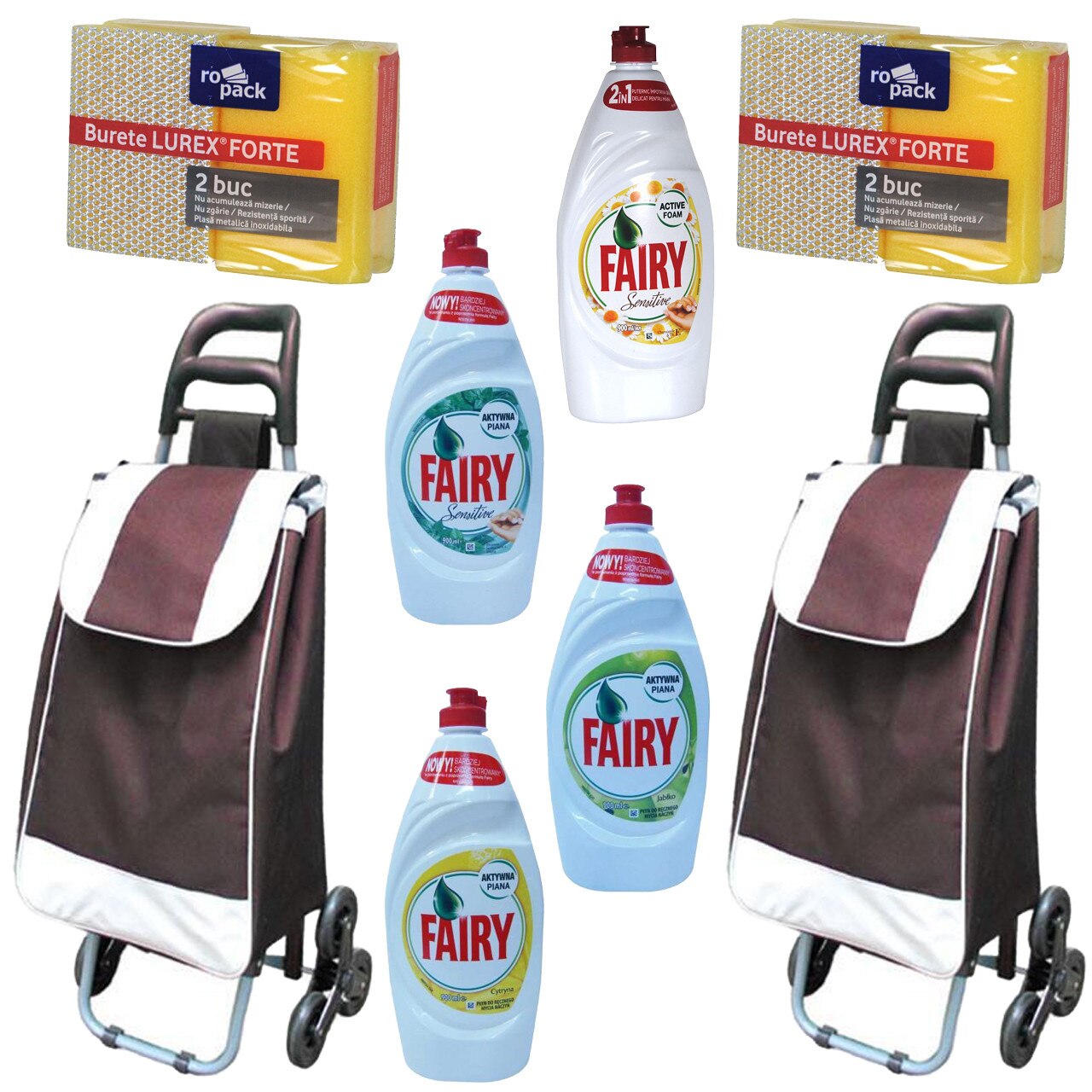 Pachet - 2 x Carut pentru piata, 6 roti, Grena + 4 x Detergent vase, Fairy sensitive, 800ml (Lamaie, Mar verde, Menta, Musetel) + 2 x Set bureti de vase (2buc./set)
