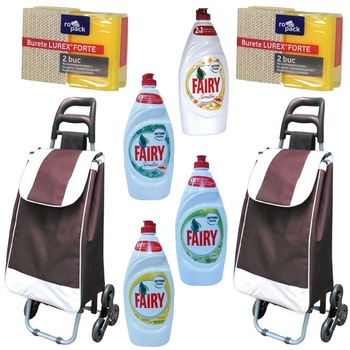 Pachet - 2 x Carut pentru piata, 6 roti, Grena + 4 x Detergent vase, Fairy sensitive, 800ml (Lamaie, Mar verde, Menta, Musetel) + 2 x Set bureti de vase (2buc./set) Pachet - 2 x Carut pentru piata, 6 roti, Grena + 4 x Detergent vase, Fairy sensitive, 800ml (Lamaie, Mar verde, Menta, Musetel) + 2 x Set bureti de vase (2buc./set)