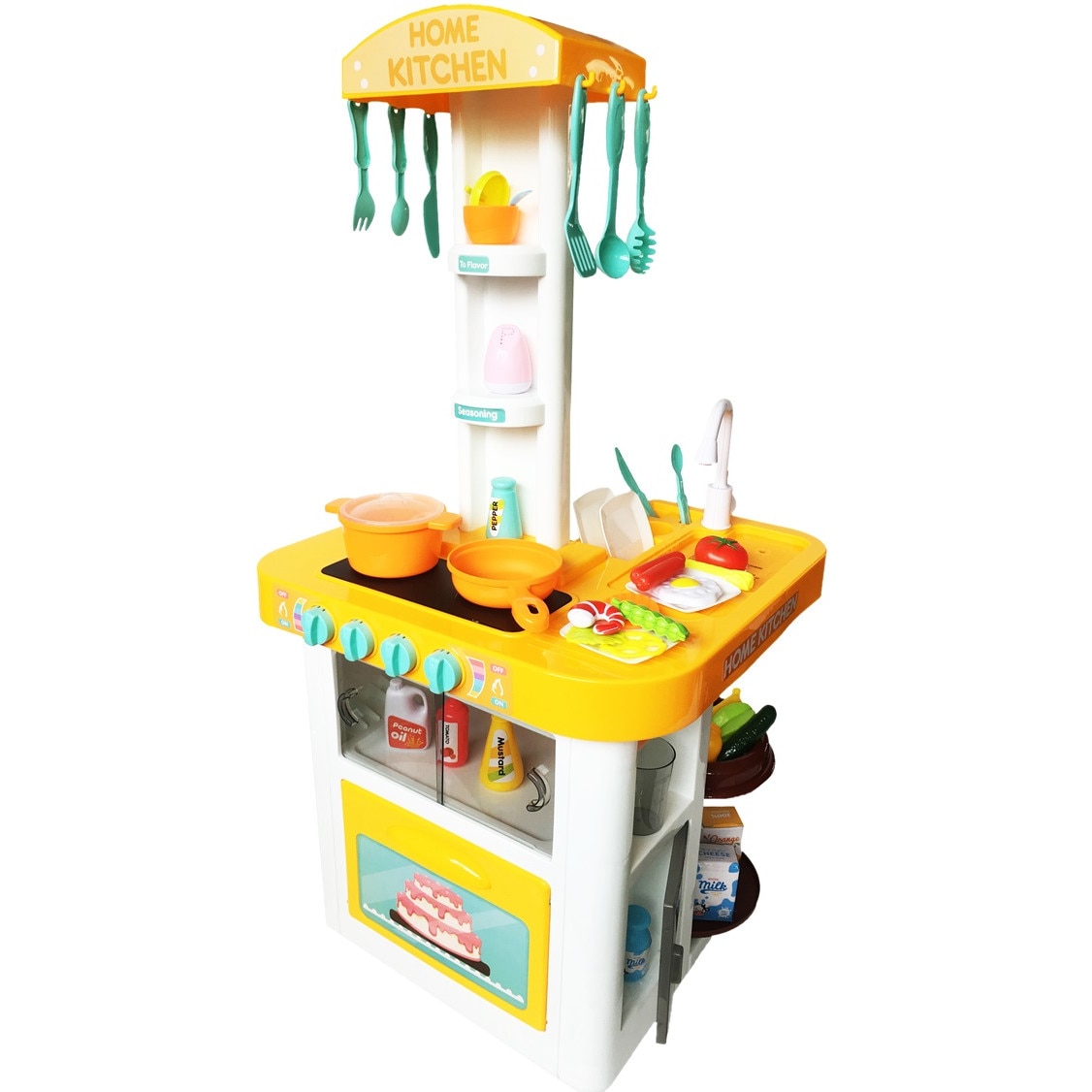 Bucatarie multifunctionala pentru copii cu lumini si sunete, Robinet cu pompa recirculare apa, Cuptor, Aragaz cu 2 ochiuri, Rafturi depozitare, 40 ACCESORII, Home Kitchen