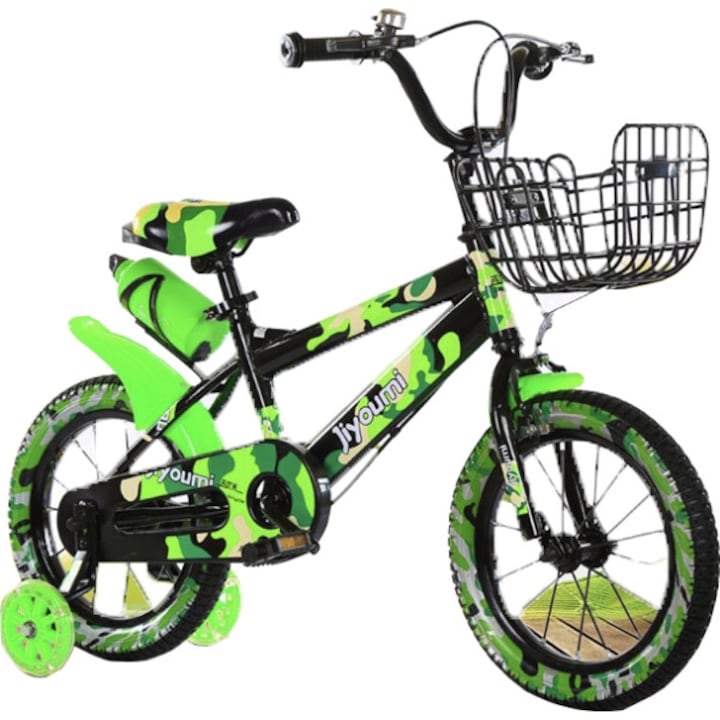 Премиум велосипед 16 инча за деца от 4-9 години, помощни колела, калници и кош за играчки, поставка за бутилка