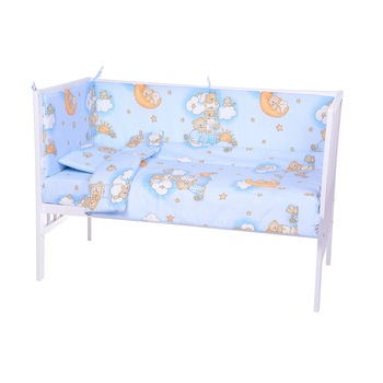 Lenjerie bumbac patut copii Bebe Royal 140*70 - 5 piese - Urs pe scara albastru Lenjerie bumbac patut copii Bebe Royal 140*70 - 5 piese - Urs pe scara albastru