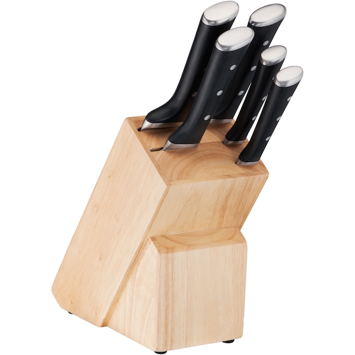 Комплект 5 ножа Tefal Ice Force, Дървена стойка, Нож за хляб 20 см, Готварски нож 20 см, Нож Santoku 18 см, Универсален нож 11 см, Нож за белене 7 см