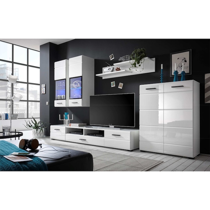 Комплект мебели за дневна Kring Maia, Бял/Гланцово бял , 285 x 190 x 40 см