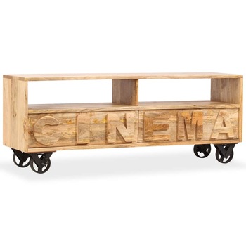 Comoda TV din lemn masiv de mango, pe roti, vidaXL, 120 x 30 x 48 cm, Maro Comoda TV din lemn masiv de mango, pe roti, vidaXL, 120 x 30 x 48 cm, Maro