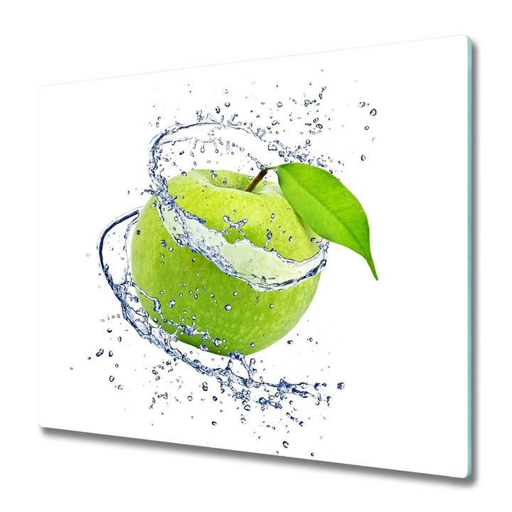 Tocator dreptunghiular din sticla Tulup, Green apple, 60x52 cm, Alb/Verde