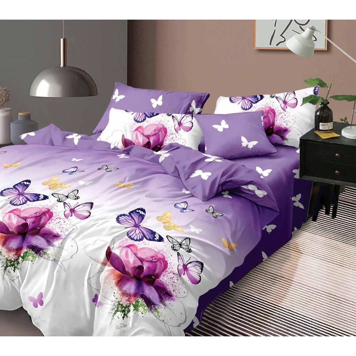 Lenjerie de pat dubla din bumbac gros finet 2 persoane, 6 piese,mov JN800