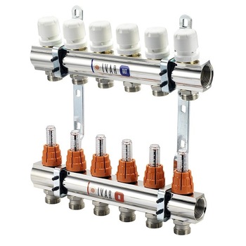 Set distribuitor tur/retur cu debitmetru IVAR din alama 1 Set distribuitor tur/retur cu debitmetru IVAR din alama 1