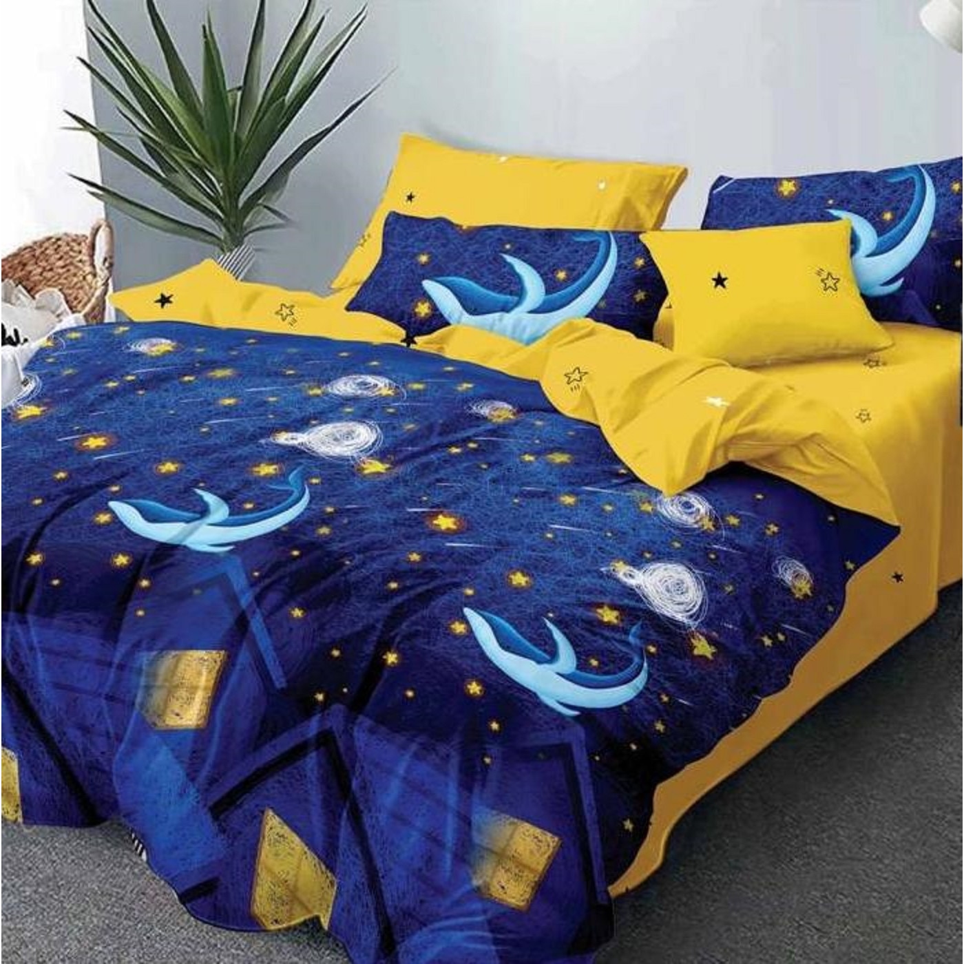 Lenjerie de pat dubla din bumbac gros finet 2 persoane, 6 piese bleu JN837