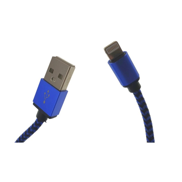 OEM Kábel, USB 2.0/Lightning, 100 cm, Textil borítás, Kék/Fekete