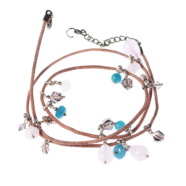 Ganelli többfunkciós karkötő, amelyet kéz, boka vagy nyaklánchoz használnak, természetes bézs bőr, féldrágakő rózsaszín Kvarc kövek, Amazonit, Akvamarin, Kristály spirál