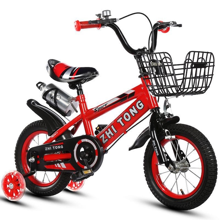 Велосипед GooKart Sport червен 16 цола за деца-момчета от 4-7 години, силиконови помощни колела със светлини, калници и кош за играчки, опора и бутилка за вода, звънец,