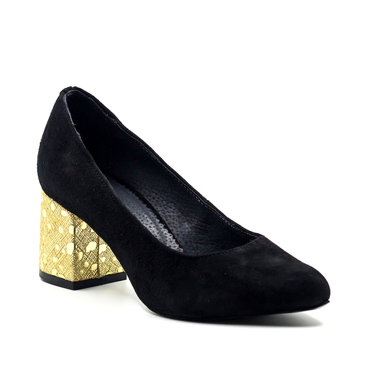 Klasszikus cipő, TUNGUS, természetes bőr, fekete velúr színű, 6 cm-es sarok, Aranyszín/Fekete