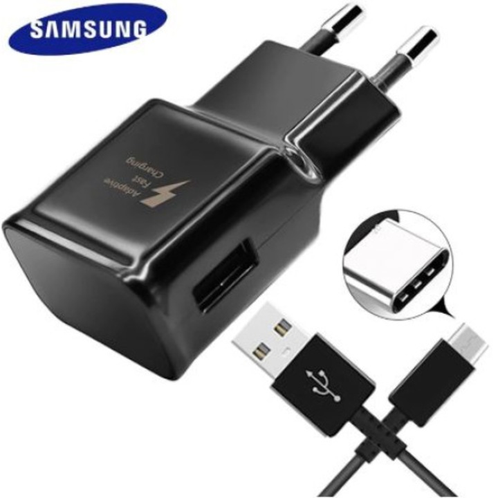 Hálózati töltő Samsung + C típusú kábel EP-TA20EBE , USB , Fekete színű , Tömeges