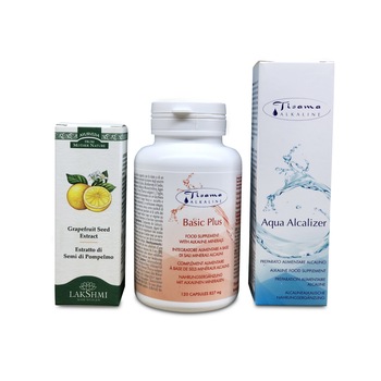 Pachet 3 produse suplimente alimentare cu actiuni multiple, Lakshmi, alcalinizator apa, esenta lichida din seminte de grapefruit si basic plus fara zahar 120 capsule Pachet 3 produse suplimente alimentare cu actiuni multiple, Lakshmi, alcalinizator apa, esenta lichida din seminte de grapefruit si basic plus fara zahar 120 capsule