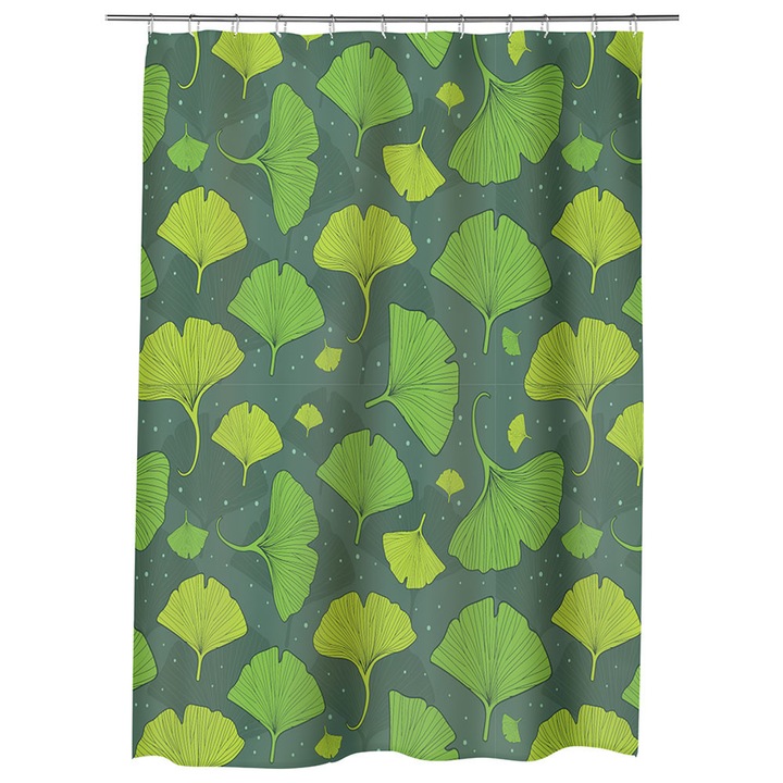 Perdea Dus, Cada pentru Baie Art Factory Frunze copac gingko verde inchis Model Mare, Model Multicolor, Decoratiuni Baie, 150 x 200 cm