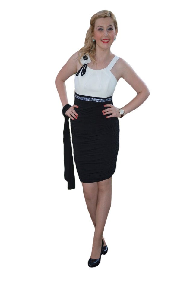 Rochie de seara cu design modern si fronsat, D&J Exclusive, Negru-Alb