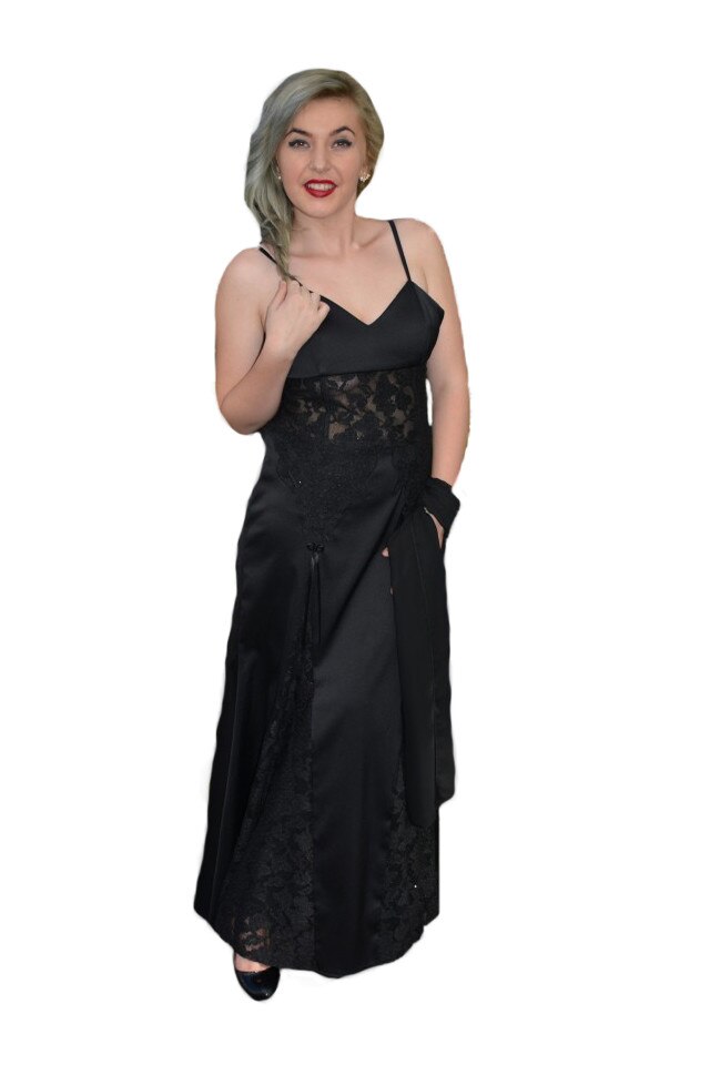 Rochie eleganta lunga cu insertii de dantela, D&J Exclusive, Negru, 42