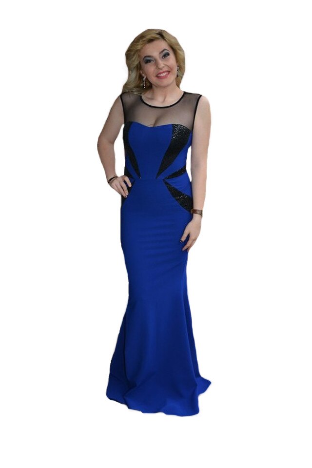Rochie fainata de gala,tip sirena cu paiete negre, D&J Exclusive, Albastru