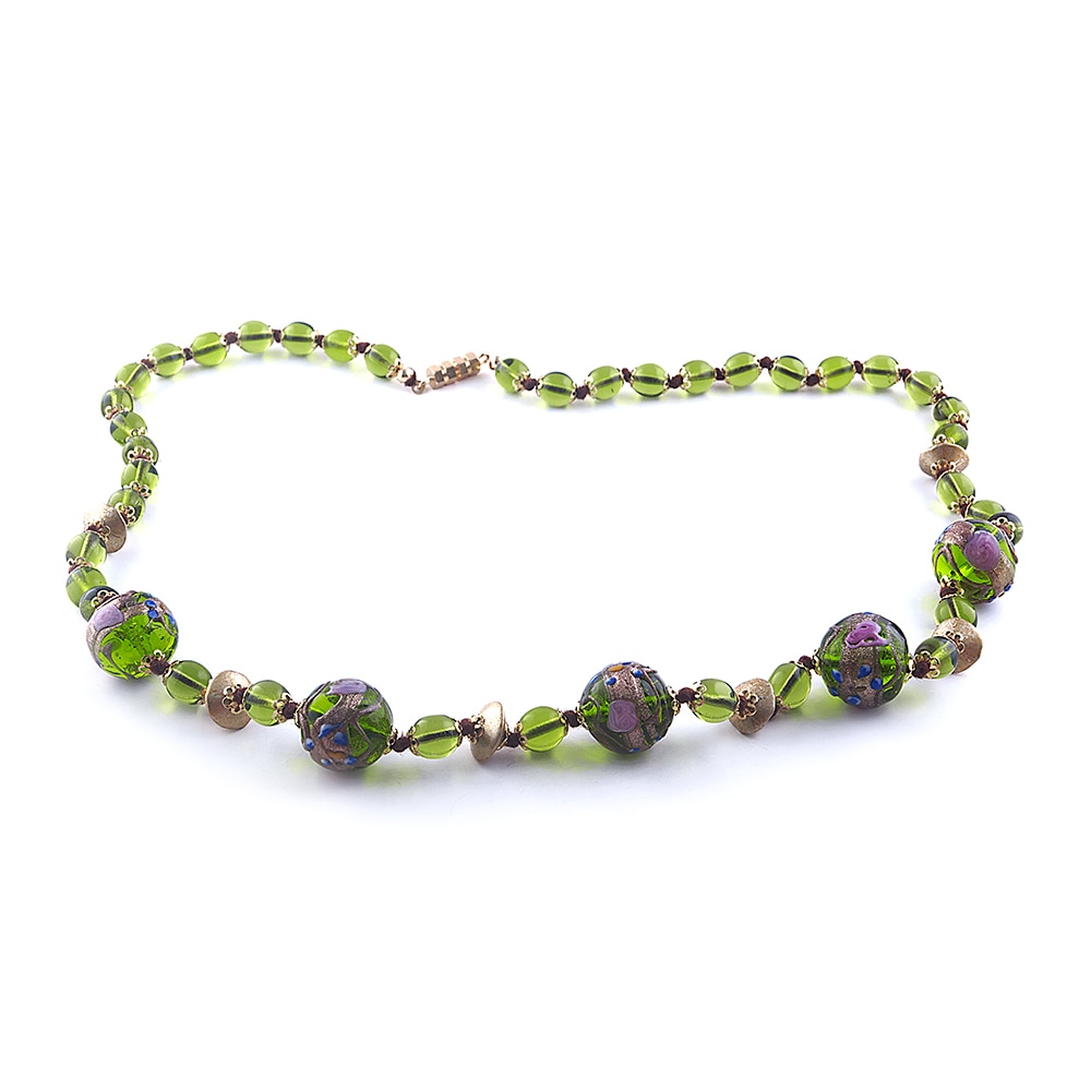Colier FLOREALE culoare verde olive din sticla de Murano, 60 cm, Bijuterii Original Murano