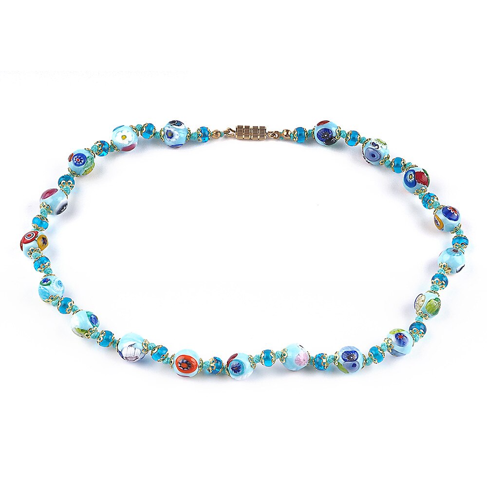 Colier SUSSURRO bleu ciel cu murine multicolore din sticla de Murano, 45 cm, Bijuterii Original Murano
