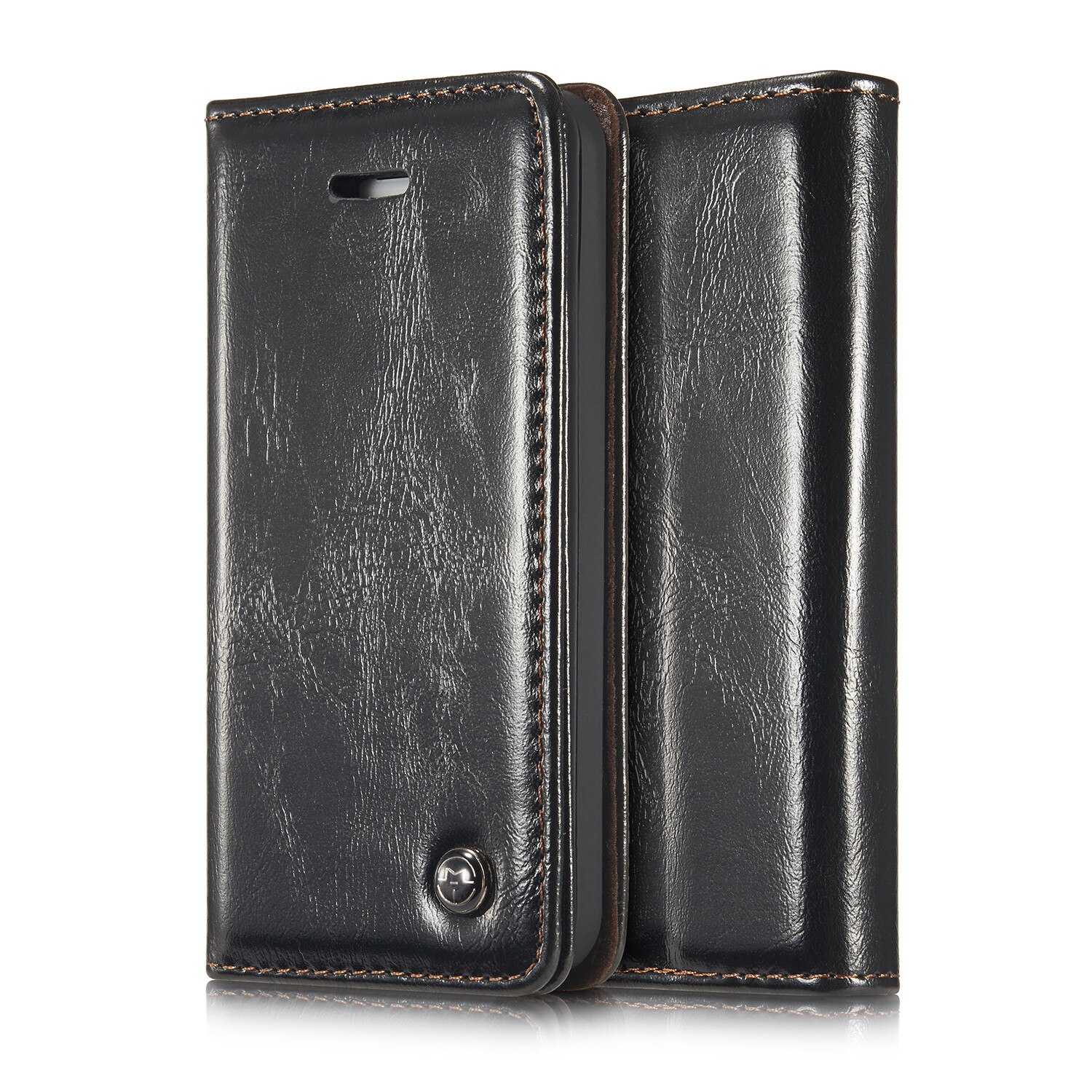 Husa iPhone SE (1st gen. 2016), iPhone 5 / 5S, CaseMe, piele fina, tip portofel, stand, inchidere magnetica, Negru