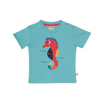 Tricou „Micutele animale” cu calut de mare, bumbac organic, turcoaz, copii Tricou „Micutele animale” cu calut de mare, bumbac organic, turcoaz, copii