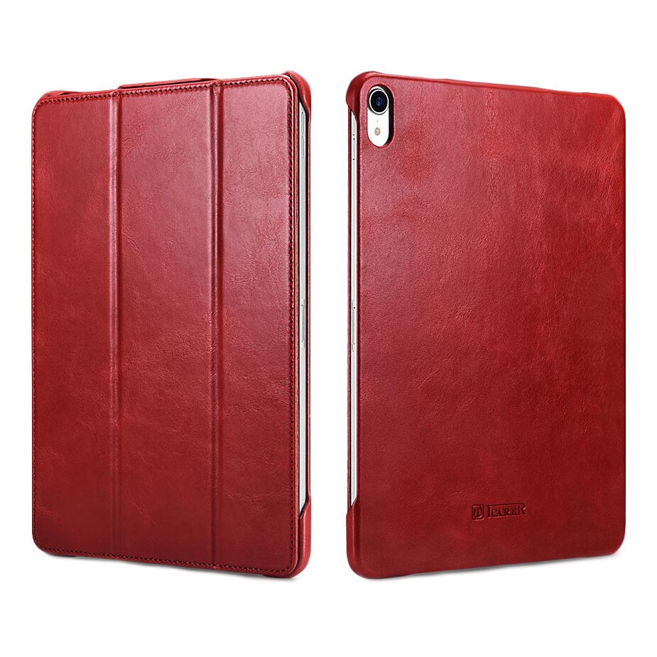 Husa din piele naturala, functie stand, auto on / off, iPad Pro 12.9 (2018) - iCarer Vintage, culoare Rosu burgund