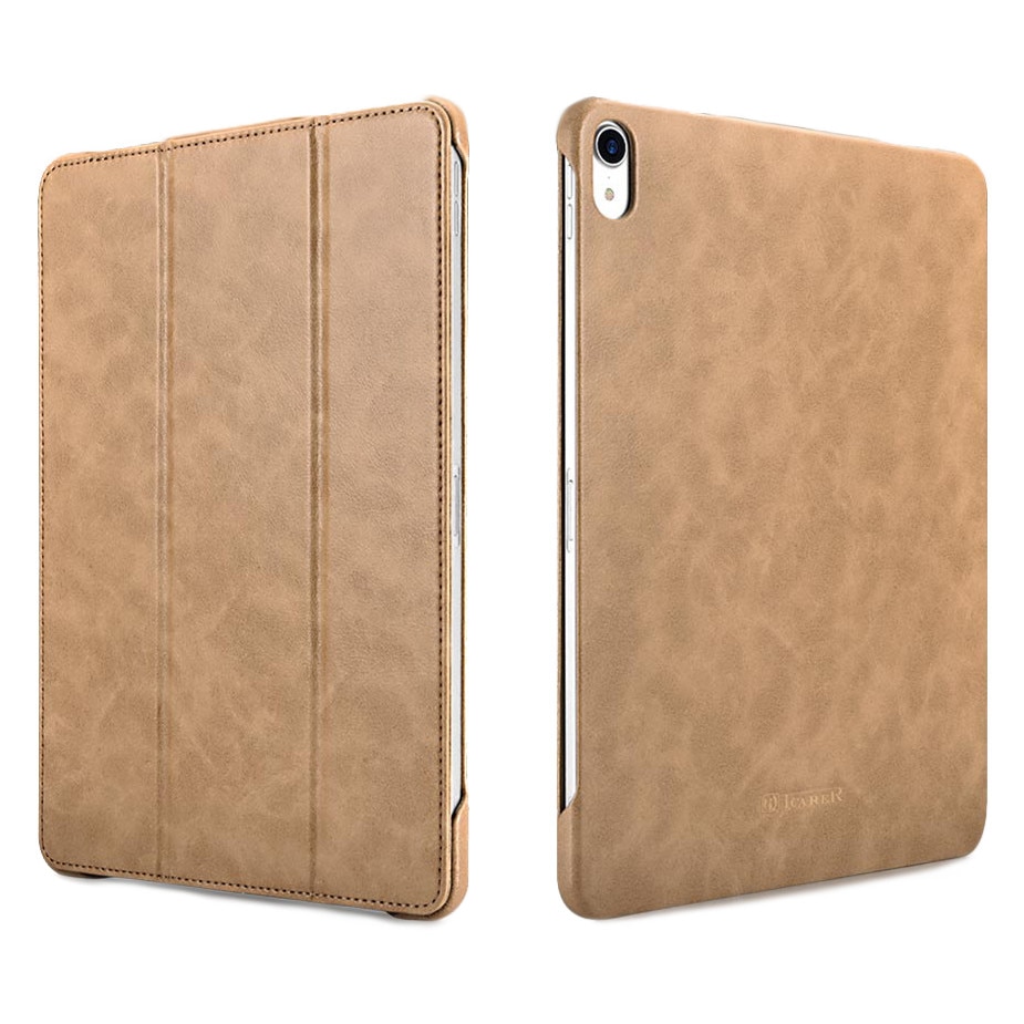 Husa iPad Pro 11 (2018), iCarer Microfiber, piele, functie stand, auto on / off, culoare Camel