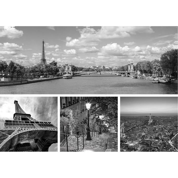 Set Tablouri DEGRETS 78636 Canvas, 55.8 x 80 cm, 4 piese (1x30x80 cm, 3x24.8x25.8 cm), Paris alb negru