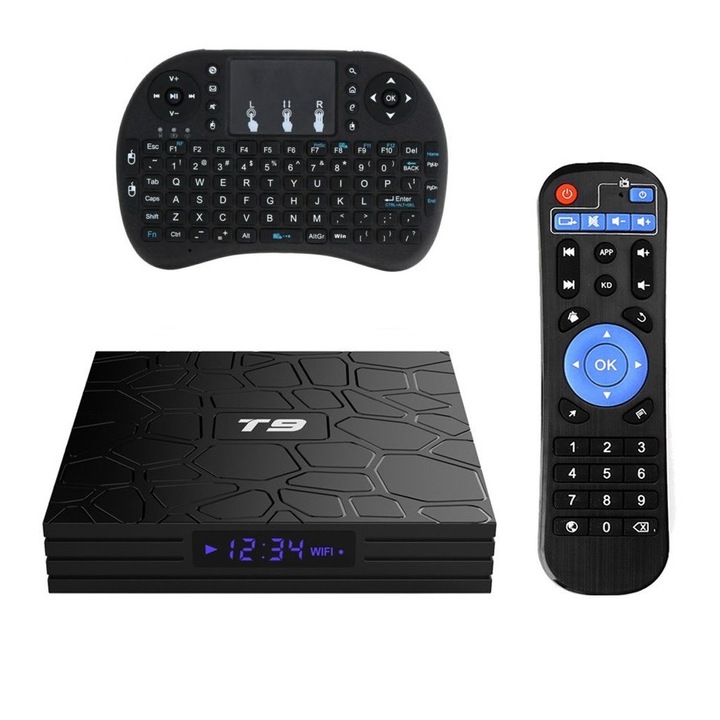 Мултимедиен плеър Mini PC TV Box, T9, 4K, Quad-Core, 4 GB RAM, 32 GB, WiFi, Bluetooth, USB 3, HDMI, Android 8.1, H265, 7-цветна мини безжична клавиатура с подсветка, Приложения за телевизия, Филми, YouTube