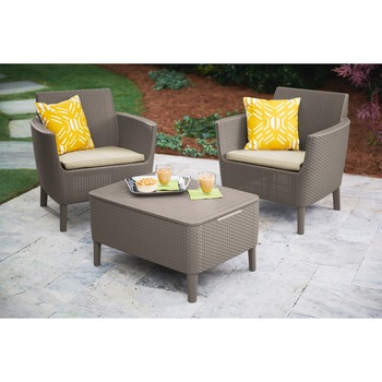 Set mobilier de balcon/gradina, Keter Salemo, 3 piese, masuta cafea- cutie depozitare, aspect ratan, cappuccino, perne incluse Set mobilier de balcon/gradina, Keter Salemo, 3 piese, masuta cafea- cutie depozitare, aspect ratan, cappuccino, perne incluse