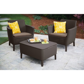 Set mobilier de balcon/gradina, Keter Salemo, 3 piese, masuta cafea- cutie depozitare, aspect ratan, maro, perne incluse Set mobilier de balcon/gradina, Keter Salemo, 3 piese, masuta cafea- cutie depozitare, aspect ratan, maro, perne incluse