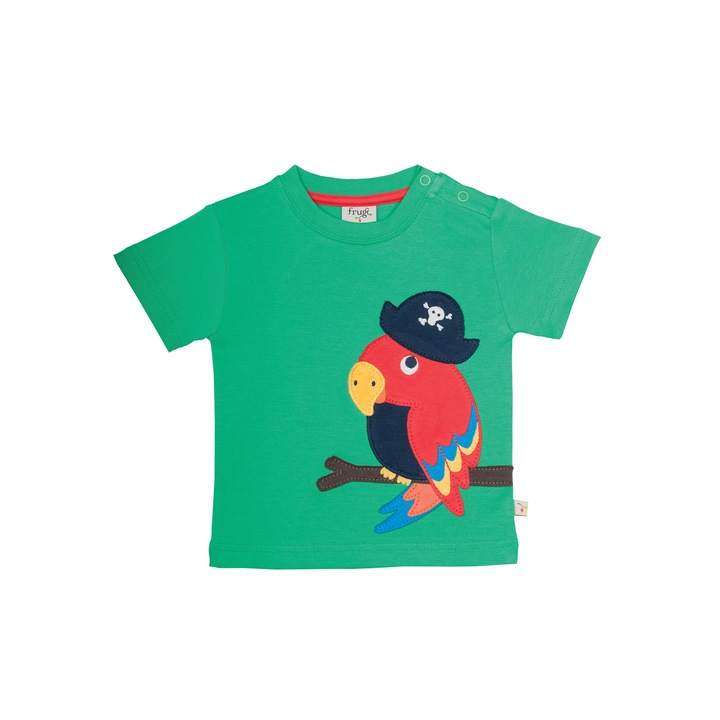 Tricou „Micutele animale” cu papagalul emancipat, bumbac organic, verde, bebe 0-3 luni