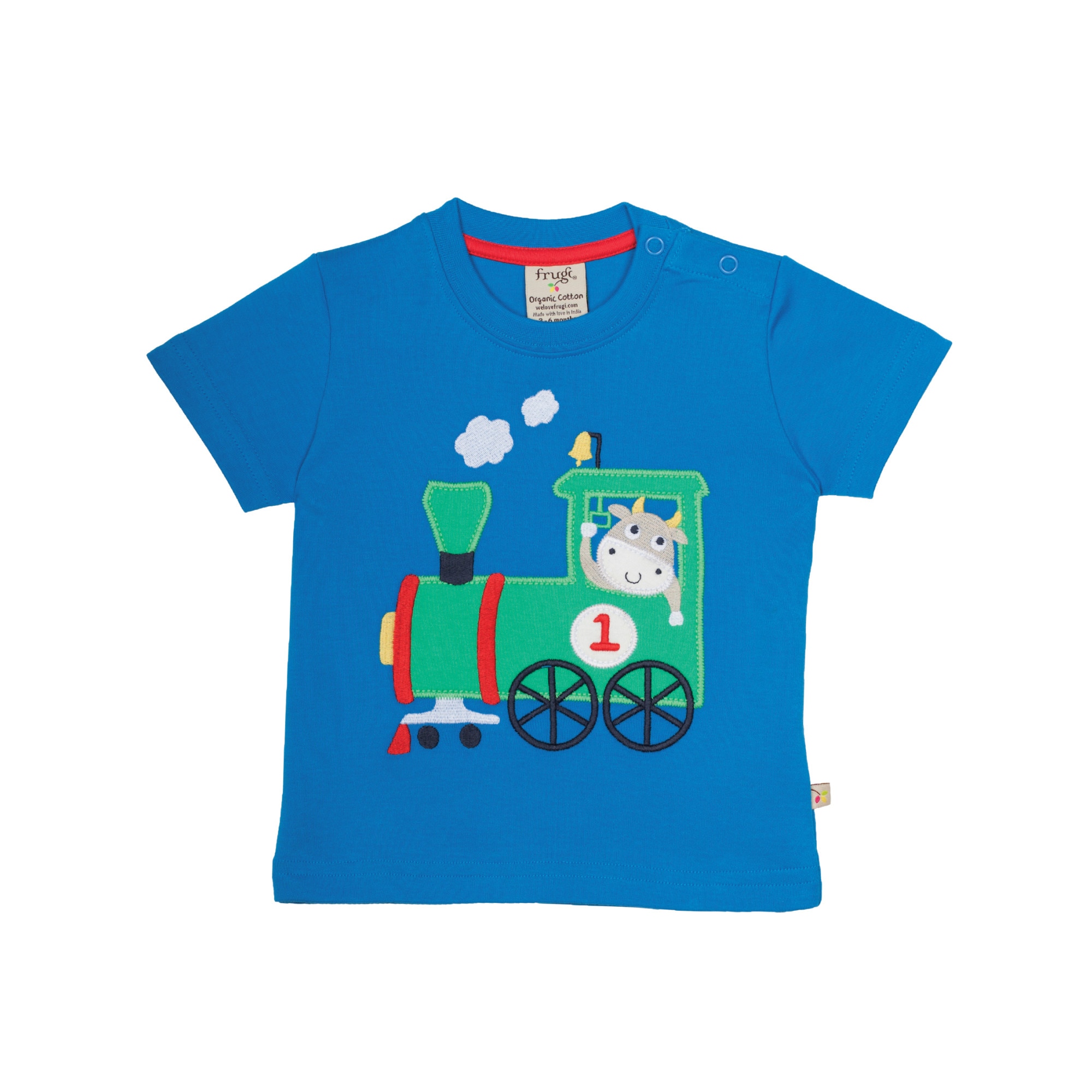 Tricou „Micutele animale” cu vacuta conductor, bumbac organic, albastru, 3 - 6 luni, bebe