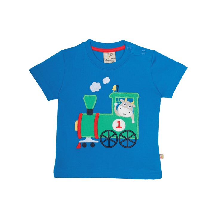 Tricou „Micutele animale” cu vacuta conductor, bumbac organic, albastru, 3 - 6 luni, bebe