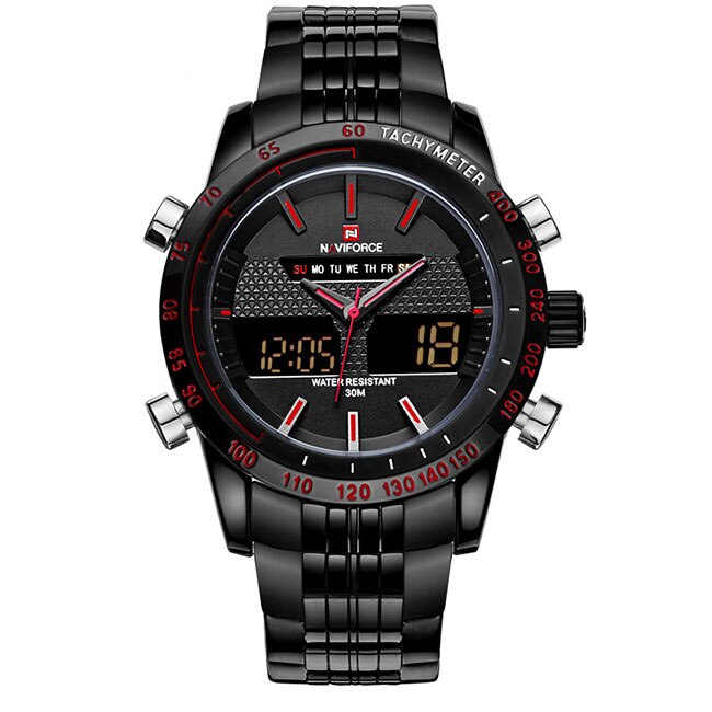 Ceas Barbatesc Quartz NAVIFORCE Sport Negru, CP9807NU, curea din metal (zale), afisaj analog-digital