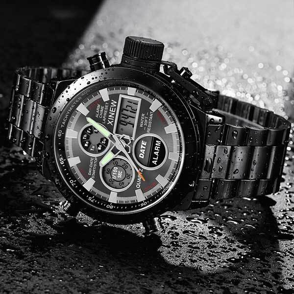 Ceas Barbatesc Quartz XINEW Casual Elegant Negru, CP99453NU, curea din metal (zale), afisaj analog-digital