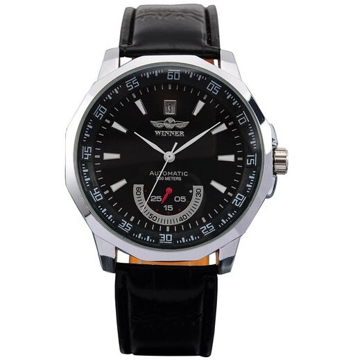 Ceas Unisex Automatic Winner Casual Elegant Negru, CP9186NU, curea din piele, afisaj analog