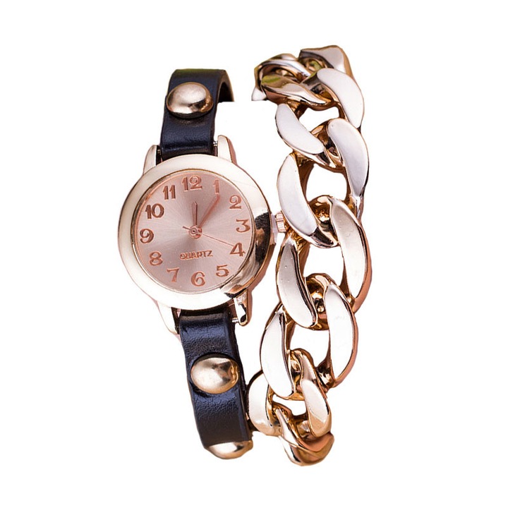 Ceas Dama Quartz Geneva Vintage Negru, CP9306NU, curea din piele, afisaj analog